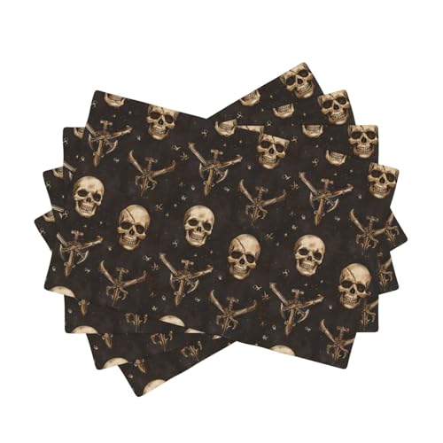 Lot de 4 sets de table de salle à manger - 30,5 x 45,7 cm - Imprimé tête de mort de pirate - Double résistant à la chaleur - En tissu lavable - Pour...