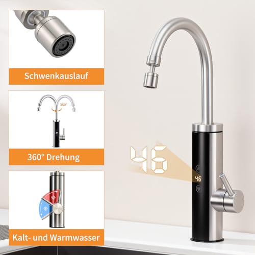 HOMELODY Elektrischer Wasserhahn mit Durchlauferhitzer 230V, Wasserhahn Küche mit Touch-Temperaturregler & LED-Display, Anti-Spritz Edelstahl Küchenarmatur, Durchlauferhitzer Küche, Garten & Camping