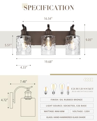 Image of Bathroom Vanity Light Fixtures Over Mirror 3-Light Hammered Glass Wall Mounted Modern Oil Rubbed Bronze - VL01ORBH-3