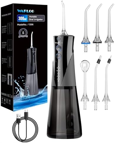 Jet Dentaire Hydropulseur, 5 Modes, 6 Embouts, Rechargeable, Portable, Réservoir de 300ML, Flosser Électrique, Étanchéité IPX7, Nettoyage des Dents Idéal pour Maison et Voyage (Noir)
