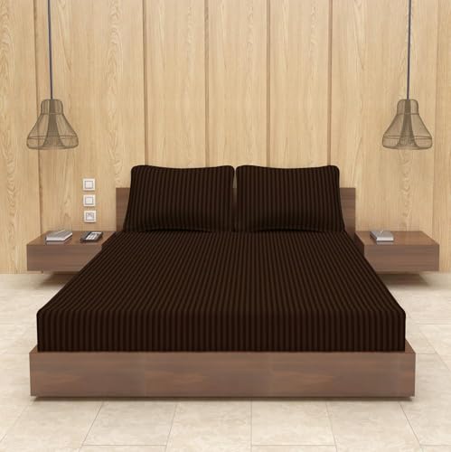 Image of BEVI - Home Premium Self Striped Double King Bedsheet with 2 Pillow Covers 300 TC Ultra-Soft 300 TC Microfiber Bed Sheet| Size (90 inch x 100 inch) Brown