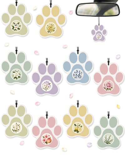 Image of 10PCS Paw Print Car Air Fresheners - Cute Paw Shaped Scented Hanging Cards with Floral & Fresh Fragrances, Cute Car Mirror Accessories, Pet Lover Gifts for Women and Dog Owners