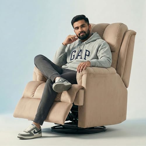 Image of Donna Motorized Recliner Chair - Power Reclining Single Seater Sofa with USB Port | Rocking & Revolving Recliner | Taupe Beige Velvet Upholstery | Ergonomic & Compact Recliner (Hazelnut)