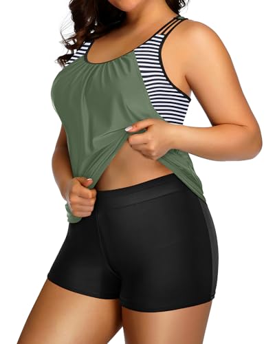 Image of Womens Plus Size Tankini Swimsuit Two Piece Tummy Control Bathing Suit | Blouson Racerback Tankini Top with Shorts, Double Up Design, Removable Pad