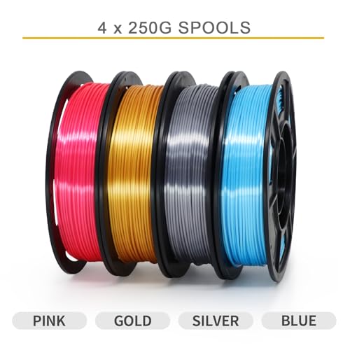 Image of RepRapper 4x250g Pack of Silk PLA Filament for 3D Printer, 1.75 mm (± 0.03 mm), Silky Shiny - 4x250g Spools Pink, Gold, Blue, Silver