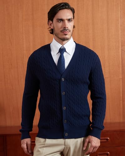 Kallspin Men's Pure Cotton Cable Knit Cardigan V-Neck Sweater Classic Casual Knitwear with Buttons2