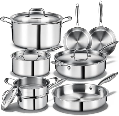Triple Ply Stainless Steel Pots and Pans Set, EWFEN 12 Piece Induction Cookware Set, Oven Dishwasher Safe | Frying Pans, Saucepans, Saute Pan & Stock Pot, PFOA Free Kitchen Skillet - Thumbnail 3