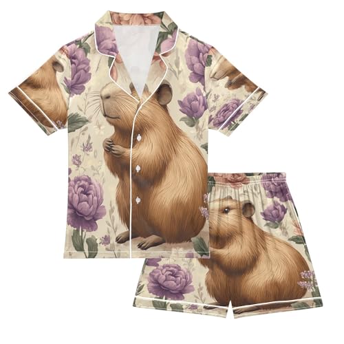 Satin Pajama Sets Short Sleeve Floral Guinea Pig Pattern Button Down Silky Nightwear 2 Piece PJS 5-14Y