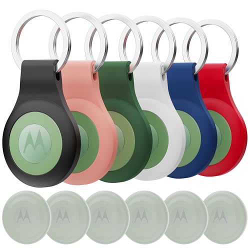 [Pacote com 6] Capa com suporte para Moto Tag com chaveiro, capa de silicone à prova d'água para AirTag e Moto Tags [à prova de quedas] [antiarranhões] Capa protetora de corpo inteiro para Moto Tag
