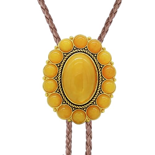 Image of GelConnie Gold Bolo Tie Necklace for Women Adjustable Big Stone Brown Cord | Yellow Oval Stone Bolo Tie Brown Leather Cord Southwestern Country Style Retro Costume Western Cowboy Necktie for Men Women