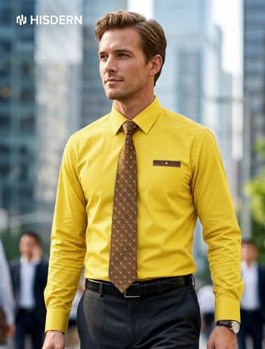 Image of HISDERN Mens Dress Shirt with Tie Pocket Square Set Classic Button Down Shirt Matching Tie Long Sleeve Shirts