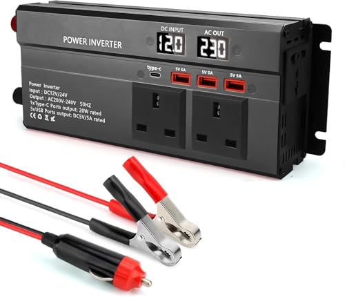 Forubar Car Power Inverter 1200W DC 12V/24V to 200V-240V AC with 3 Sockets 3 USB 1 Type-C Dual LED Display for Camping Travel Motorhomes Lorries & Emergency Power Supply (Black)