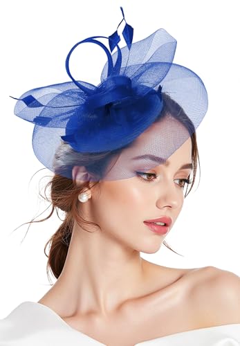 Zando 2026 Fascinators Hats for Women Ken-tucky Derby Flower Tea Hat 20s Mesh Feathers Headband Hair Clip for Wedding Cocktail Vintage Pillbox Church Hat Headwear Blue Fascinator Headband One Size