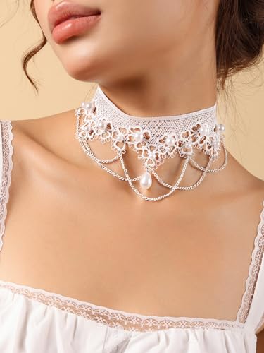 Sacina Gothic Vintage White Teardrop Lace Choker, Imitation Pearl Choker, Gothic Vintage Necklace, 1920s Jewelry, Christmas Jewelry Gift for Women2