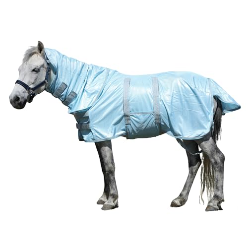 Image of Fly Sheet for Mini Horse /Pony /Foal & Weanling /Yearling /Donkey - Detachable Neck Cover & Belly Wrap, Lightweight Airflow Mesh Summer Sheet for Pasture & Stable, UV Protection Cyanblue 60 inch