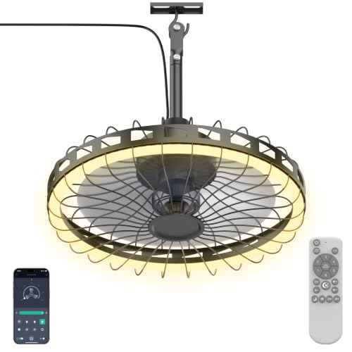 Ventilador de Techo Exterior con Luz 52cm LED Regulable, Ventilador de Techo de Jaula Moderno para Porche, Cenador, Ventilador Silencioso con Mando y APP, 6 Velocidades, Enchufe Directo(Negro)