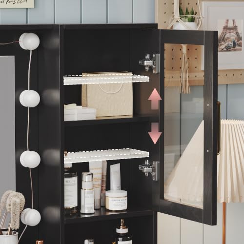 Image of 35.4 inch Black Makeup Vanity Desk with Charging Station, White Makeup Dressing Table with Mirror & Lights, 3 Lighting Modes Adjustable Brightness, Vanity Table with Power Outlet & 5 Drawers
