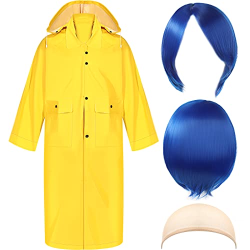 Xinnun 3 Pieces Halloween Yellow PVC Raincoat with Detachable Hood Blue Short Straight Wig Elastic Hair Net for Halloween (Large)