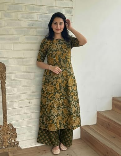 Image of ANNI Designer Women's Viscose Blend Straight Printed Kurta with Palazzo | Elbow Length Sleeve Kurti Set | Close Neck with Back Slit | Soft Comfortable Fabric | 2 Piece Outfit