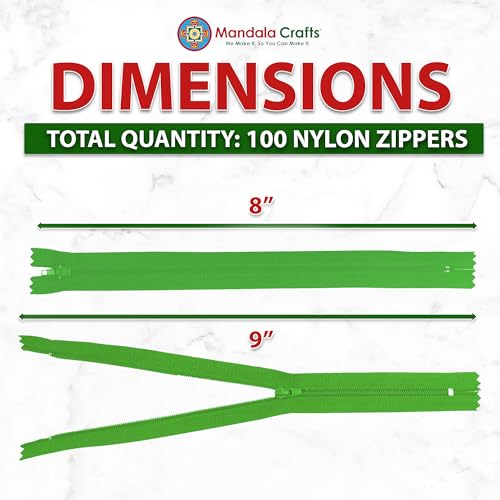 Image of Mandala Crafts 100 PCs Green Closed-End 8 Inches Nylon Zippers for Sewing