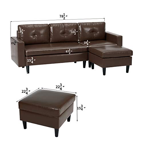 YODOLLA Convertible Sectional Sofa Couch, L-Shaped Sofa Couch with Modern Faux Leather, Dark Brown Sectional for Small Space