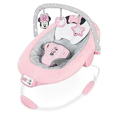 Bright Starts MINNIE MOUSE Seggiolino Comodo Vibrante per Neonati - Musica, Barra Giocattoli Rimovibile, 0-6 Mesi Fino a 9 kg (Rosy Skies)