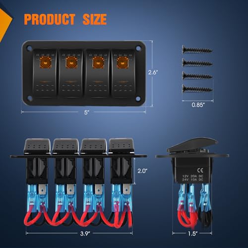 Image of Nilight 4 Gang Rocker Switch Panel w /Orange LED Light 5Pin ON Off Pre-Wired