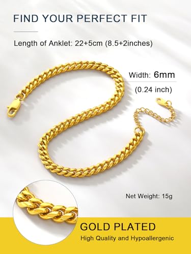 Image of ChainsPro Resizable Anklet Chain for Women Men, Figaro /Wheat /Twist Rope /Cuban Foot Bracelet-Strong with Good Clasp-18K Gold Plated(Send Gift Box)
