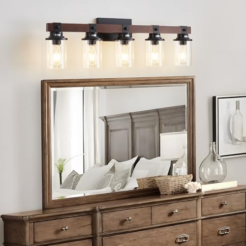 Image of 5 Bathroom Vanity Lights, Farmhouse Wooden Bathroom Light Fixture Over Mirror with Clear Glass, Wood Vanity Light for Bedroom,Living Room