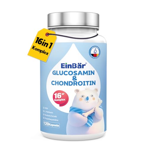 EinBär Glucosamina condroitina 16 en 1 complejo 1500 mg por dosis diaria – con MSM, cúrcuma, vitamina C/D3/K2 + zinc y colágeno para articulaciones, cartílago y tejido conectivo, producido en Alemania