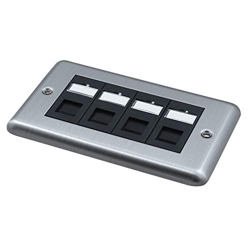 Brush Steel Faceplate Loaded with 4 x Cat6 UTP RJ45 Black Euro Module