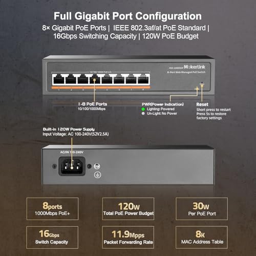Image of MokerLink 8 Port PoE Gigabit Managed Switch, 8x100 /1000Mbps PoE+ Port, IEEE802.3af /at, 120W Power Supply, L2 Smart Web Managed, Fanless Metal Ethernet Switch