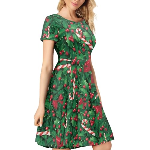 Image of POLERO Women Puffy Swing Elegant Party Midi Dresses Short Sleeve Round Neck A-Line Dress