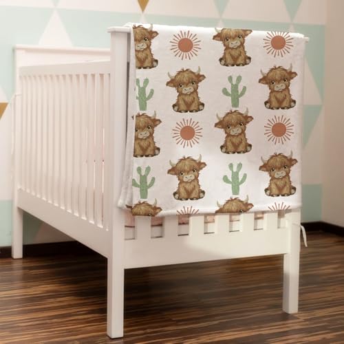 Image of HawSkgFub Boho Highland Cow Cactus Sun Baby Blankets Boy Girl Shower Gift, Western Flannel Fleece Nursery Bed Receiving Swaddle, Soft Warm Lightweight Newborn Infant Toddler Kids Crib Bedding 30 x 40