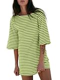 EXLURA Women's 2025 Summer Oversized Short Sleeve T Shirt Dress Casual Crew Neck Striped Tops Loose Sundress with Pockets Green White