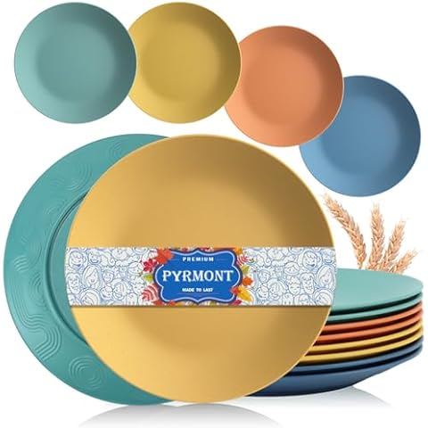 PYRMONT Wheat Straw Plates 10 Inch Dinner Plates Set of 8 - Dishwasher & Microwave Safe Plastic Plates Reusable - Unbreakable Plates for kitchen,camping,appetizer - Multi color Cover