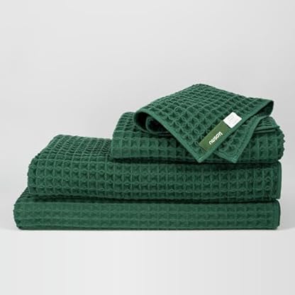 Kosmu Luxuriöses japanisches Baumwoll-Seiden-Badetuch mit Waffelmuster, Plüsch, saugfähig und schnell trocknend, inklusive Aufbewahrungstasche (Wald, komplettes Handtuch-Set (4-teilig)