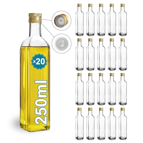 Espirito Rebelde 20 Botellas de Cristal 250ml con Tapón de Rosca Dorado con Boquilla Vertedora - Aceite de oliva, Vinagre, Alcohol, Salsas - Aceitera de Cristal
