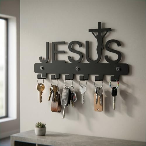 Image of Ventuos Metal Wall Mounted Key Holder with 6 Hooks, Jesus Design, Key Organizer for Home Office Bedroom Entryway