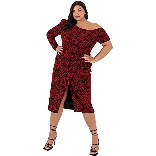 Lovedrobe Women Ladies Dress with Slit Plus Size New Years Evening Long Short Sleeve Crew Neck Shimmery Party Shiny Vestido, Red, 24 para Mujer