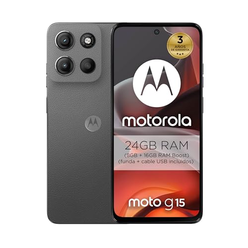 Moto g15 24GB Tornado(8GB+16 GB RAM Boost)/512GB Gris, España, pantalla de 6,72”FHD+, sistema de cámaras de 50MP y objetivo ultra gran angular, Batería 5200mAh, carga TurboPower 18W, acabado soft luxe