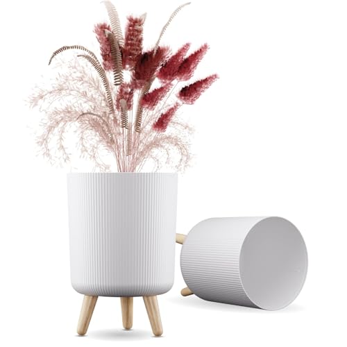 Image of Modern White Flower Pot with Wooden Legs | Ribbed Plastic Planter Stand for Indoor Outdoor Plants | Mid Century Decorative Plant Pot for Home Living Room Balcony Garden (Pack of 1)