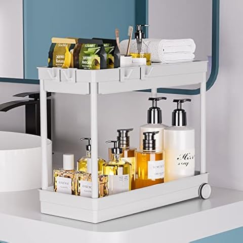 Fowooyeen Organizers and Storage, Bathroom Organization Cabinet with Hooks Hanging Cup, Multi-Purpose Countertop Storage Shelf for Bathroom and Kitchen White Cover