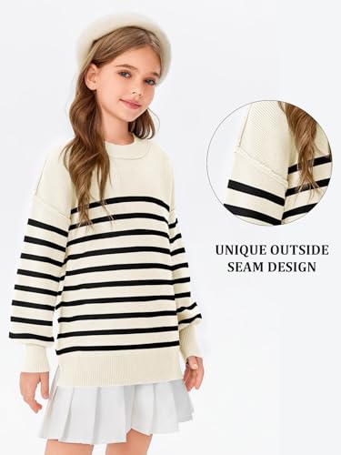 Girls Striped Oversized Sweaters Fashion Batwing Sleeve Side Slit Knit Pullover Clothes 5-14 Years4