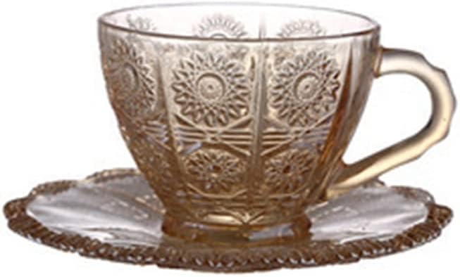 Nordic Vintage Coffee Mugs Relief Flower Pattern Luxury Water Cafe Tea Milk Cups Condensed Glass Drinkware Cup Saucer Suit Set(Amber)