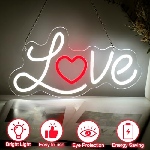 Image of Valentines Day Love Neon Sign, Dimmable LED Valentines' Day Neon Light for Wall, Wedding Anniversary Birthday Gift for Bedroom Party Decor, 15.7 inchx8.7 inch