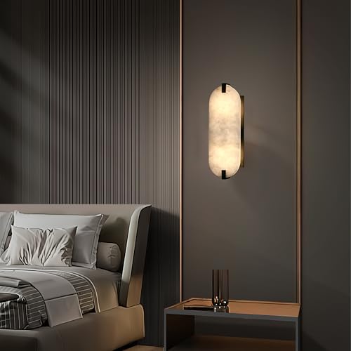 Image of 2 Light 15.63 inch Natural Oval Alabaster Marble Bathroom Wall Sconce Modern Concise Style Wall Light Fixture,Oil Rubbed Bronze Finish for Bedroom Hallway Bedside Living Room