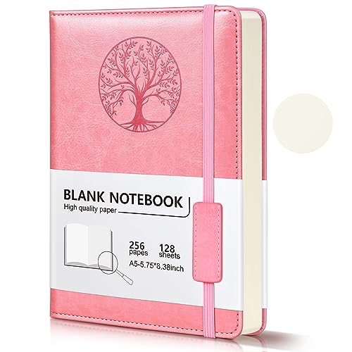 Blank Journal Notebook for Women Men, Pink A5 Unlined Journal for Writing Sketchbook, Hardcover Leather Unruled Jouranl Notebook for Work with 256Pages Thick Paper for Writing, Drawing, Sketching and