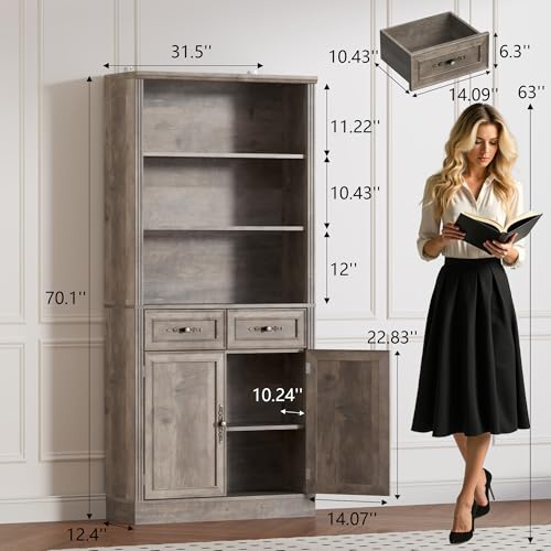 Image of BORNOON 70.1 inch Tall Bookshelf with Drawers & Cabinet, 5-Tier Floor Standing Bookcase with Storage Doors, Adjustable Shelves & Metal Handles, 31.5 inch Wide Organizer for Home Office, Living Room