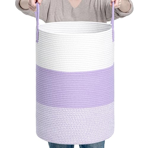Image of CLHMILY&Z 60L Laundry Basket Round Storage Rope Basket - 15x20.5 Inches - Lavender Hamper in Bedreoom and Cute Storage Bin for Blankets, Toys, and Nursery Essentials